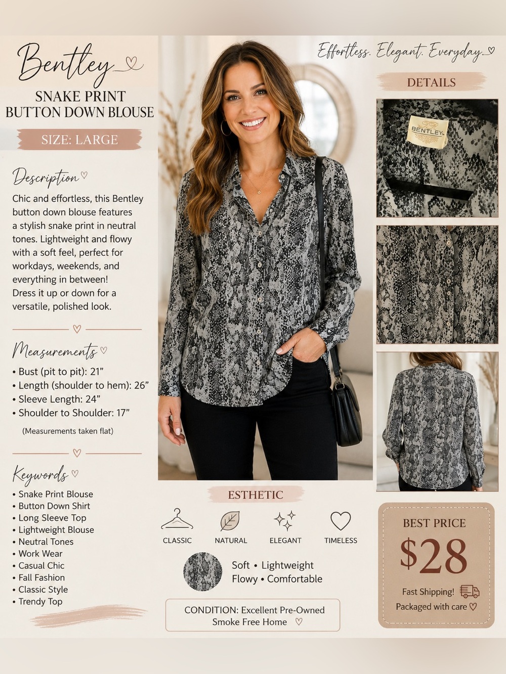 Bentley Gray Snake Print Button-Down Blouse
